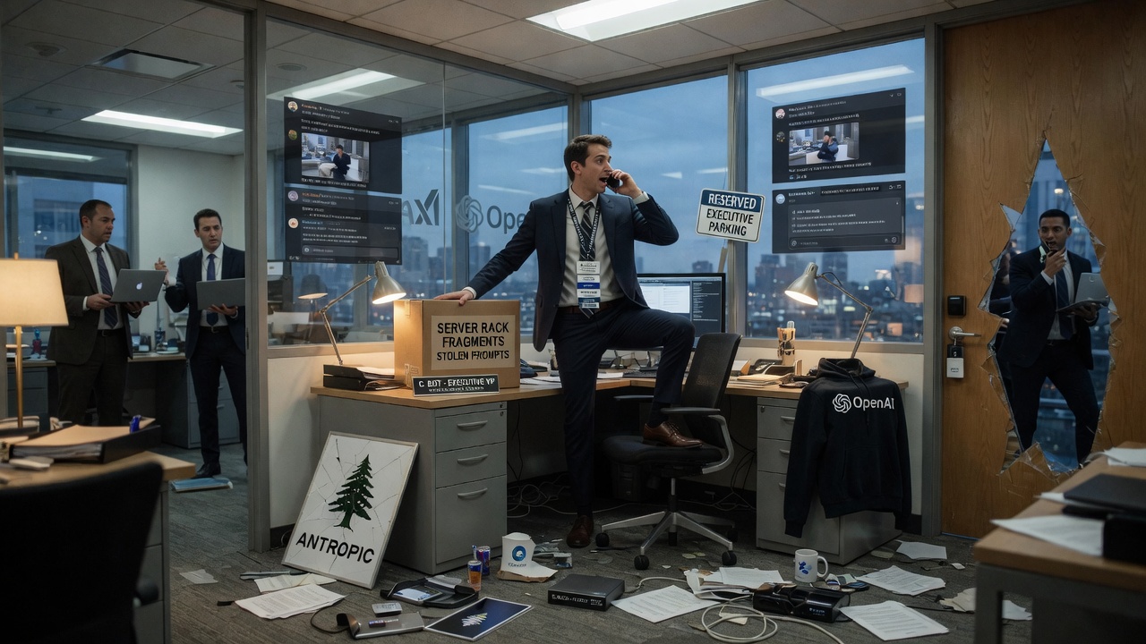 Ron Rugundy stares at a printer suspiciously while a graphic reads 'AI CRIME WAVE.'