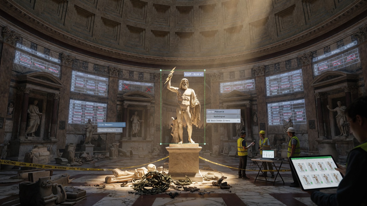 Editorial press photo of a single standing figure remaining in a pantheon group portrait after algorithmic editing, empty spaces where mythic statues once stood, cinematic news lighting.