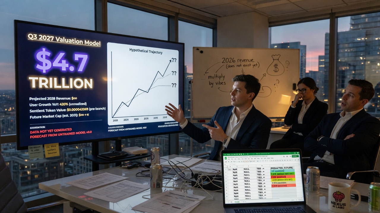 A banker gestures at a hockey-stick chart labeled '2028 (TRUST ME)' during an investor pitch.