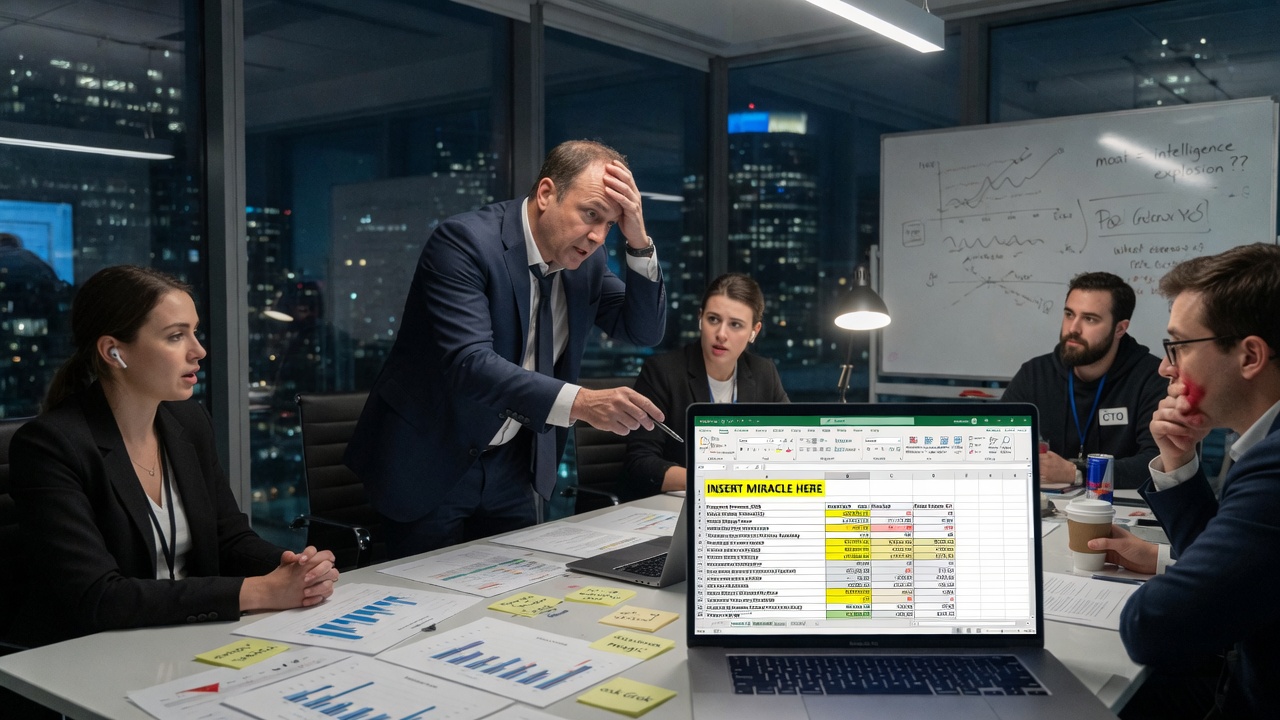 A banker points confidently at a blank white slide labeled 'Competition: N/A (assumed).'