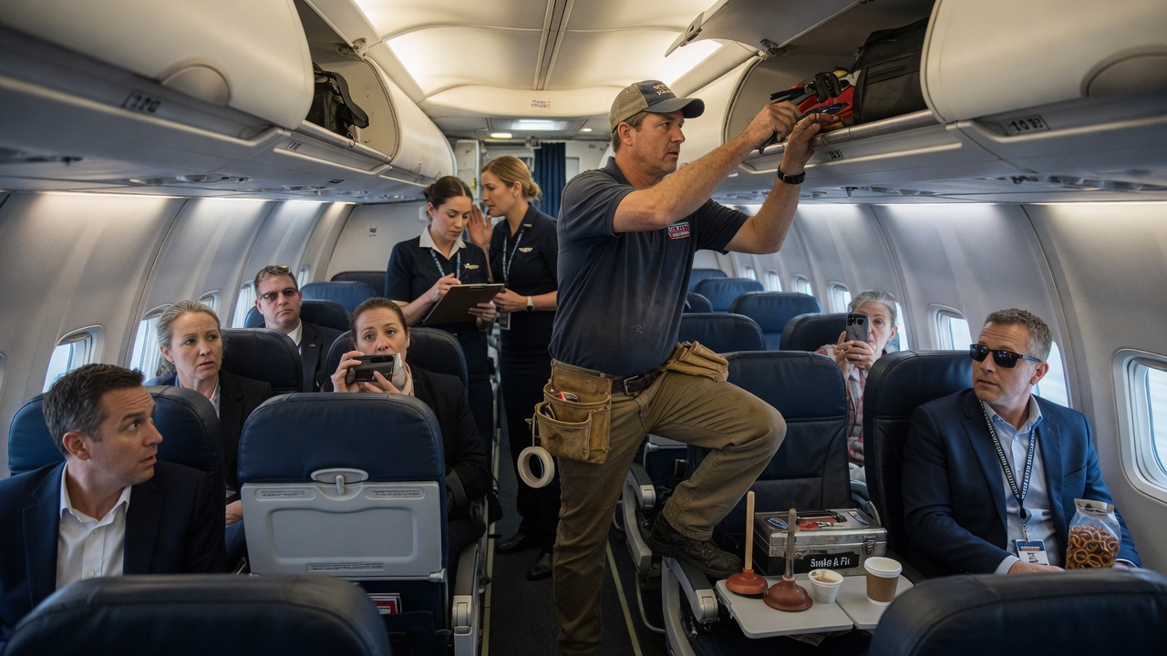 A cartoon airplane cabin where a plumber and a dentist high-five over a subdued cockpit door, while a 'PREFERRED PASSENGER' badge glows gold.