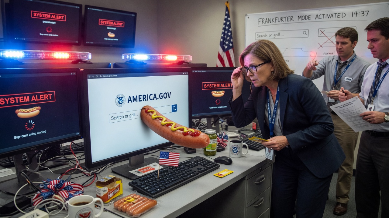 Editorial press photo of a federal government website search bar morphing into a hot dog frankfurter on a civic portal screen, American flag bokeh, cinematic news lighting.