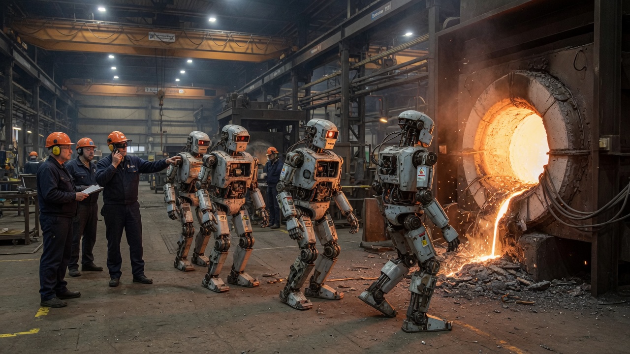 Old humanoid robots walking toward an industrial arc furnace in a foundry, shot like a press photo.