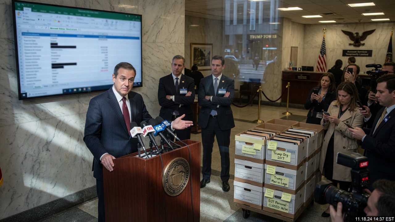 A sweating bank compliance officer stands at a podium beside a Capital One logo, gesturing nervously at a stack of closed-account paperwork.