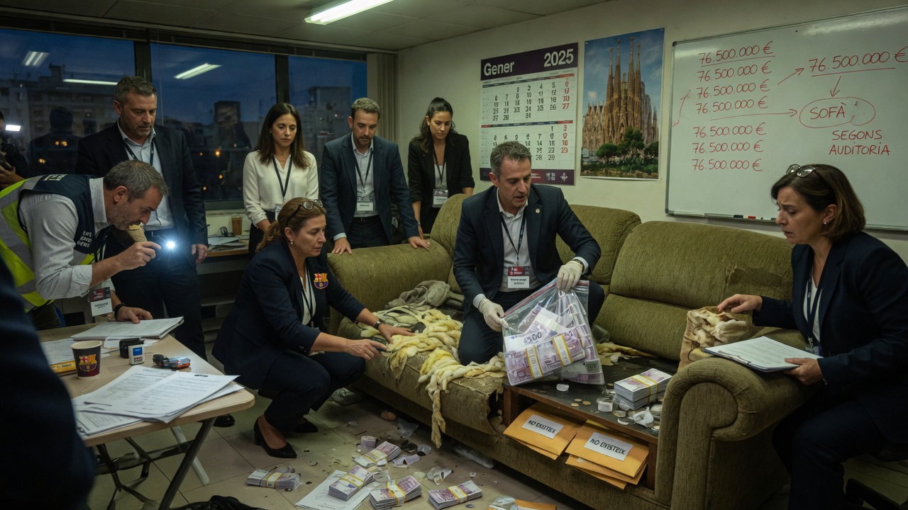 A cartoon Barcelona official pulling stacks of cash out of a giant couch cushion while an auditor watches in disbelief.