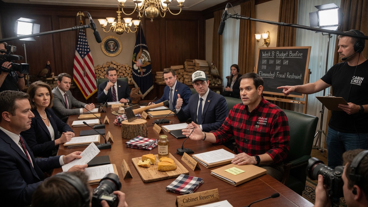 A rustic Camp David fire pit with a glowing 'Cabin Cred' meter chyron overlaid, Cabinet members seated in flannel around the flames.