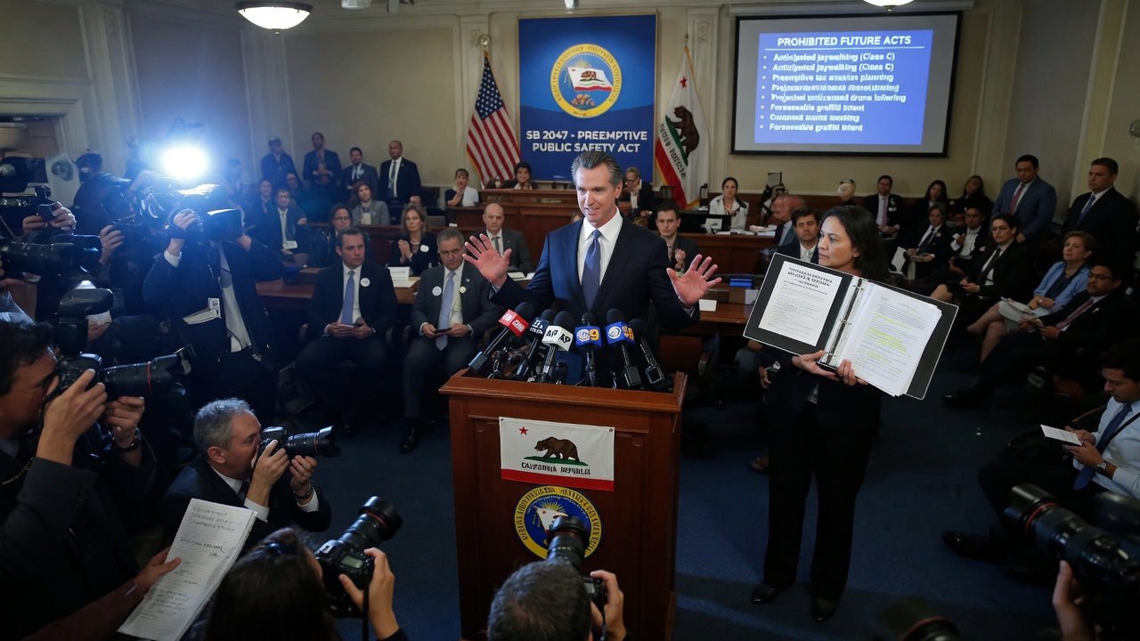 A ceremonial pen hovers over a bill titled AB 2409 next to a laptop open to a blank memecoin minting page.