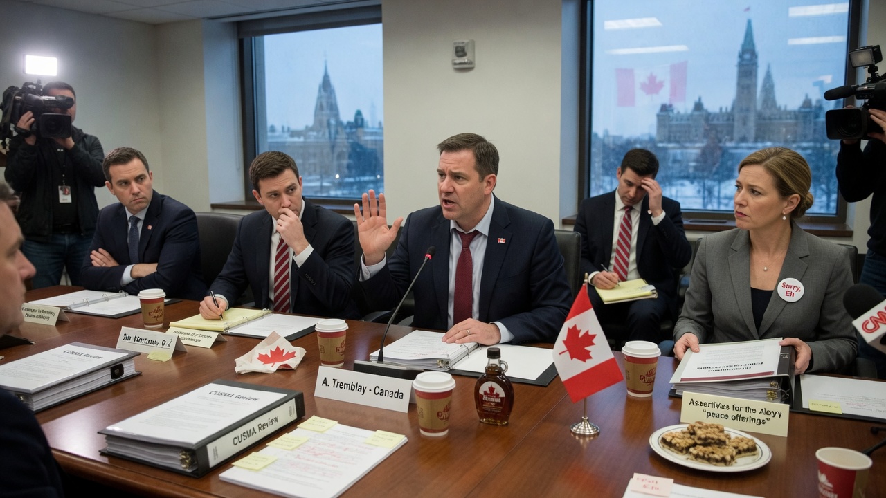 A Canadian trade negotiator apologizes profusely across a table stacked with cheese, whiskey, and maple syrup bottles.