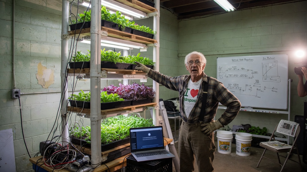 Editorial press photo of an older passenger at an airplane tray table using a laptop to draft a vertical farming plan with a chatbot, cabin lighting, cinematic news look.