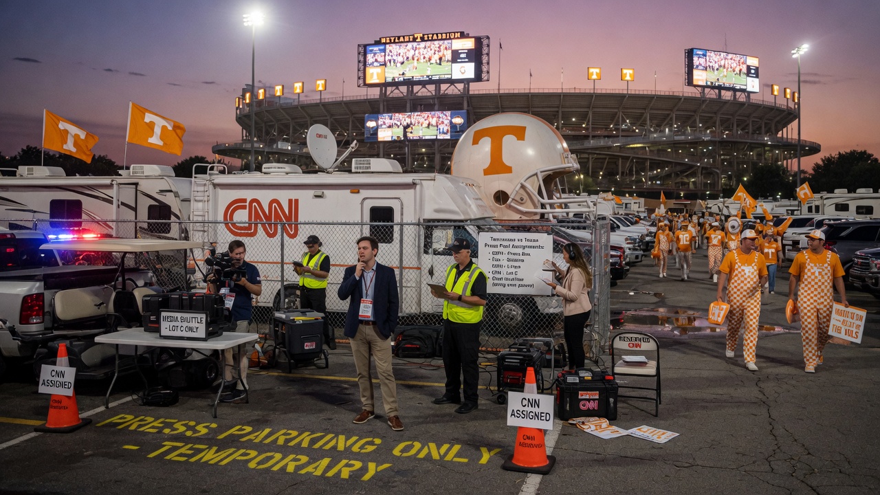 A press badge lies on a gravel lot next to a tailgate grill and a foam finger vendor stand.