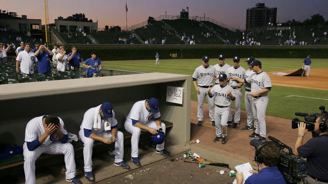 A dejected Cubs fan holds a half-price 'There's Always Next Century' foam finger outside Wrigley Field.