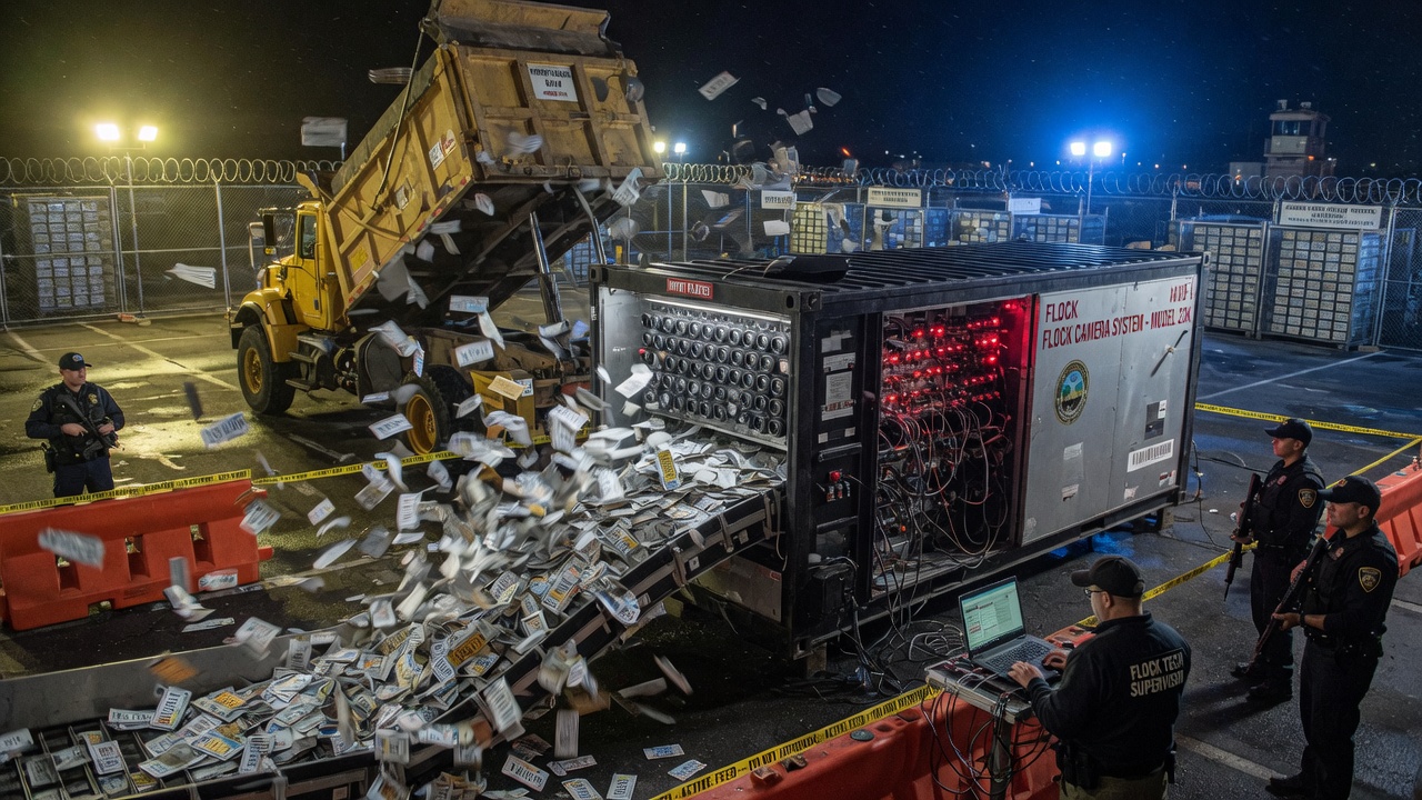 Editorial press photo of clustered automated license-plate reader cameras on a roadside pole at night, cinematic news photograph style.