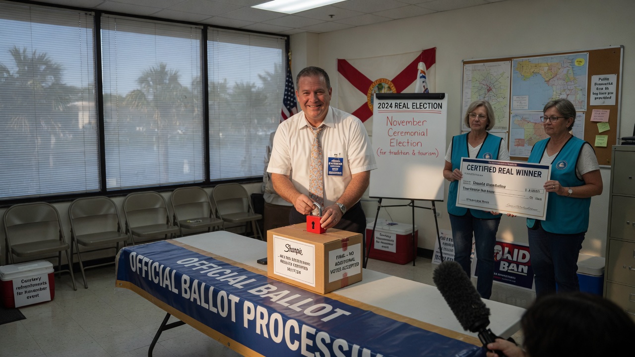 A crowded Florida polling place with a lone confused voter wearing a 'Poll Worker Needs Water?' vest.