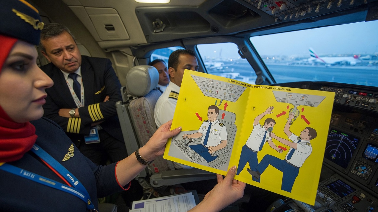 A stylized airline safety card panel showing a stick figure calmly pointing at the seatbelt sign toward another stick figure holding a knife.