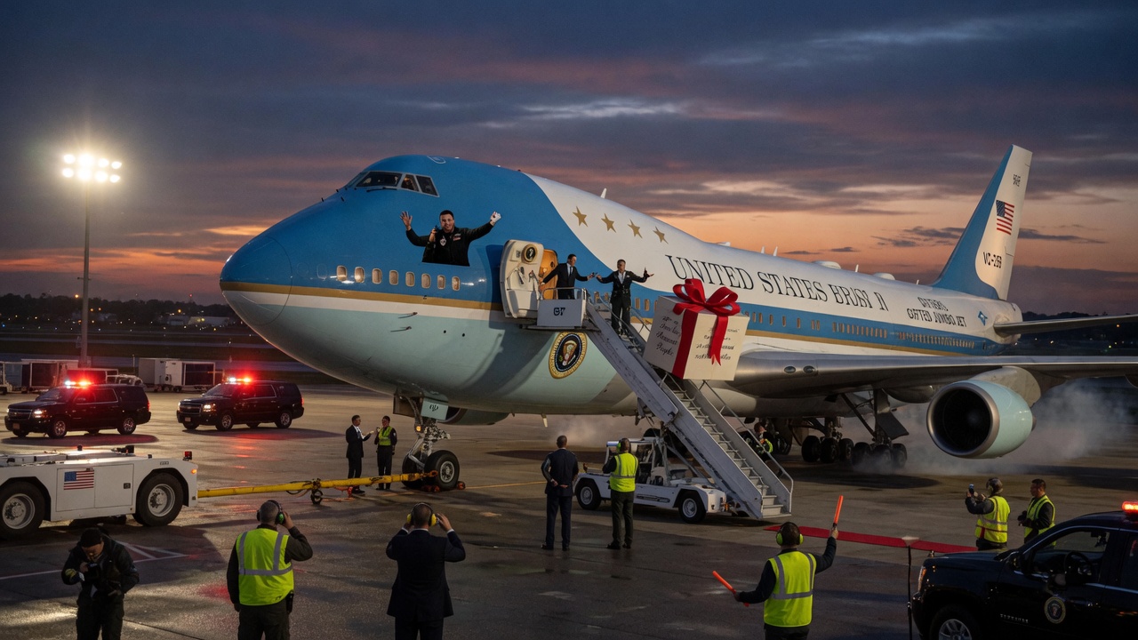A jumbo jet emergency slide fully inflated on the tarmac beside a presidential aircraft