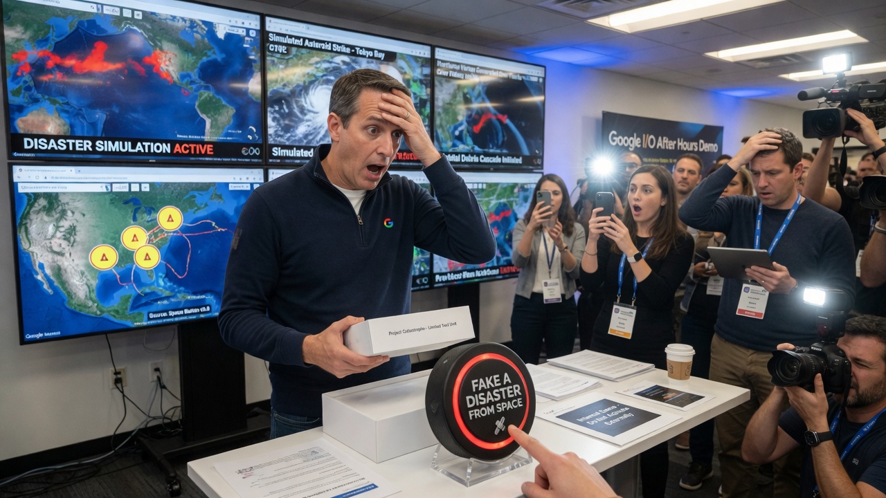 A cartoonishly worried Google spokesperson stands before a giant screen showing a fake satellite image of a crater labeled 'ETHICS BOARD.'