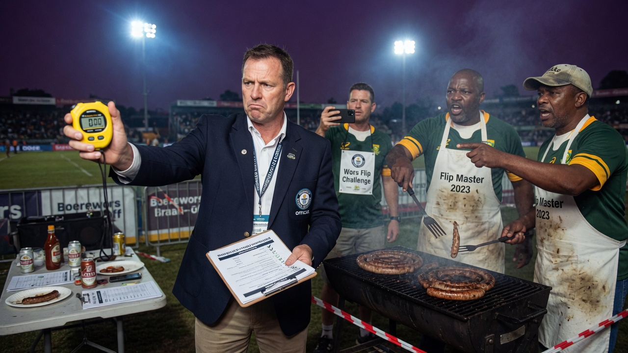 A Guinness World Records adjudicator times a sausage flip with a sprinting stopwatch at a packed stadium braai station.