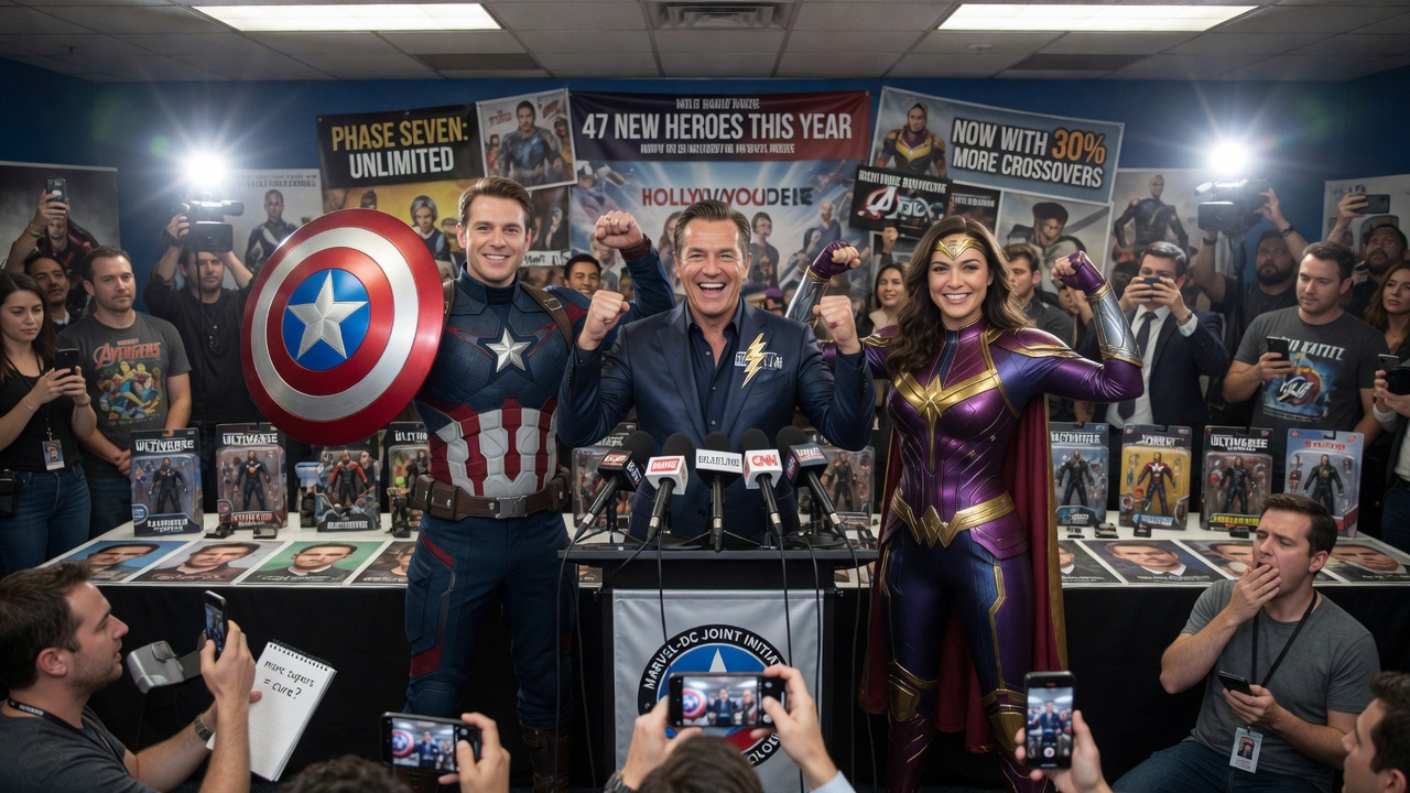A cartoon spider-suited hero swings past a giant glowing box office ticker reading $355,000,000.