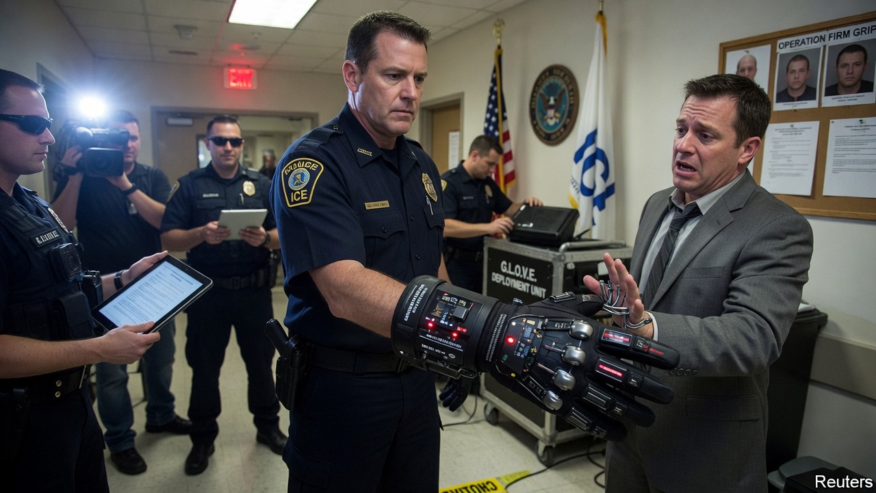 A glowing high-tech glove marked G.L.O.V.E. displayed like a product launch on a pedestal with dramatic lighting.