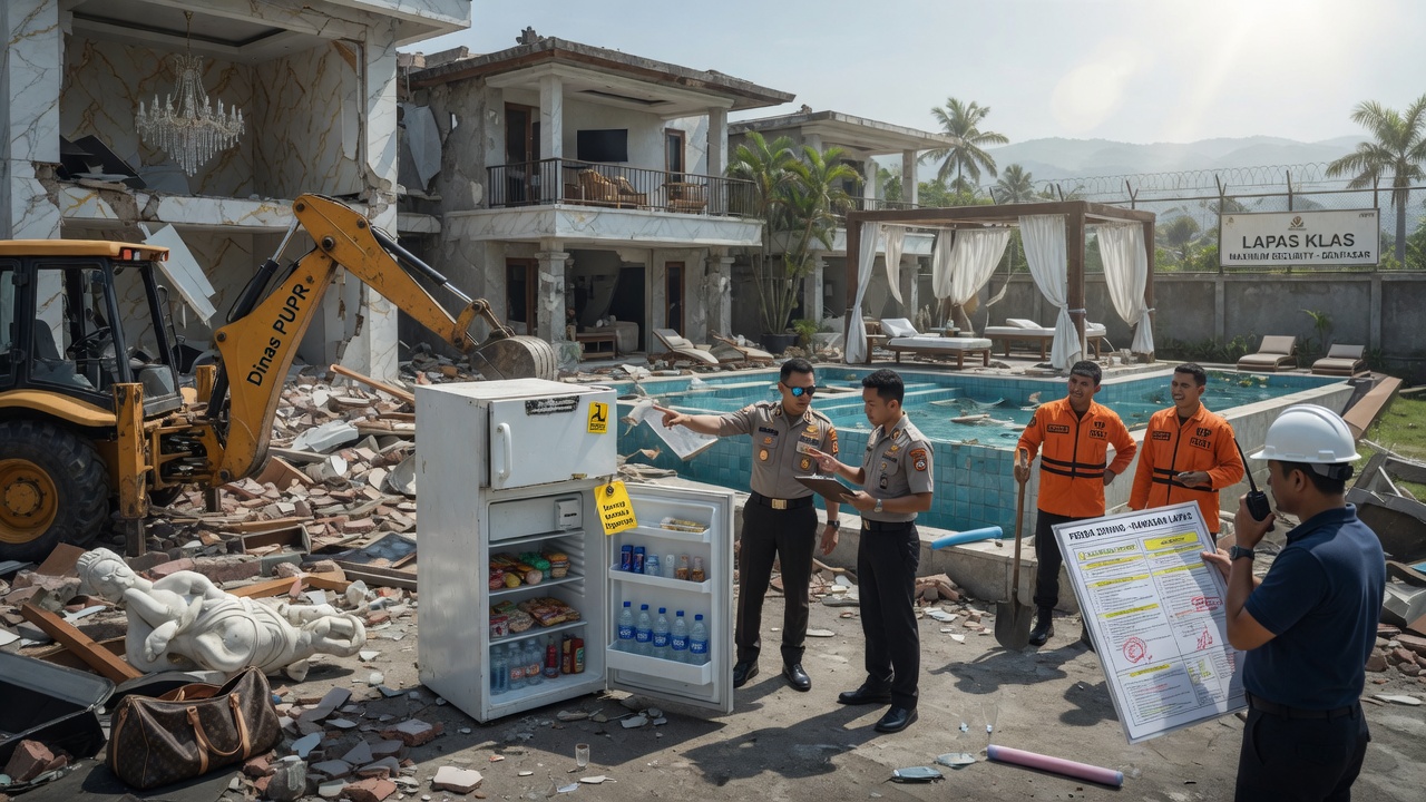 An excavator demolishes a luxury prison villa while workers carefully carry away a mini-fridge of whisky bottles.