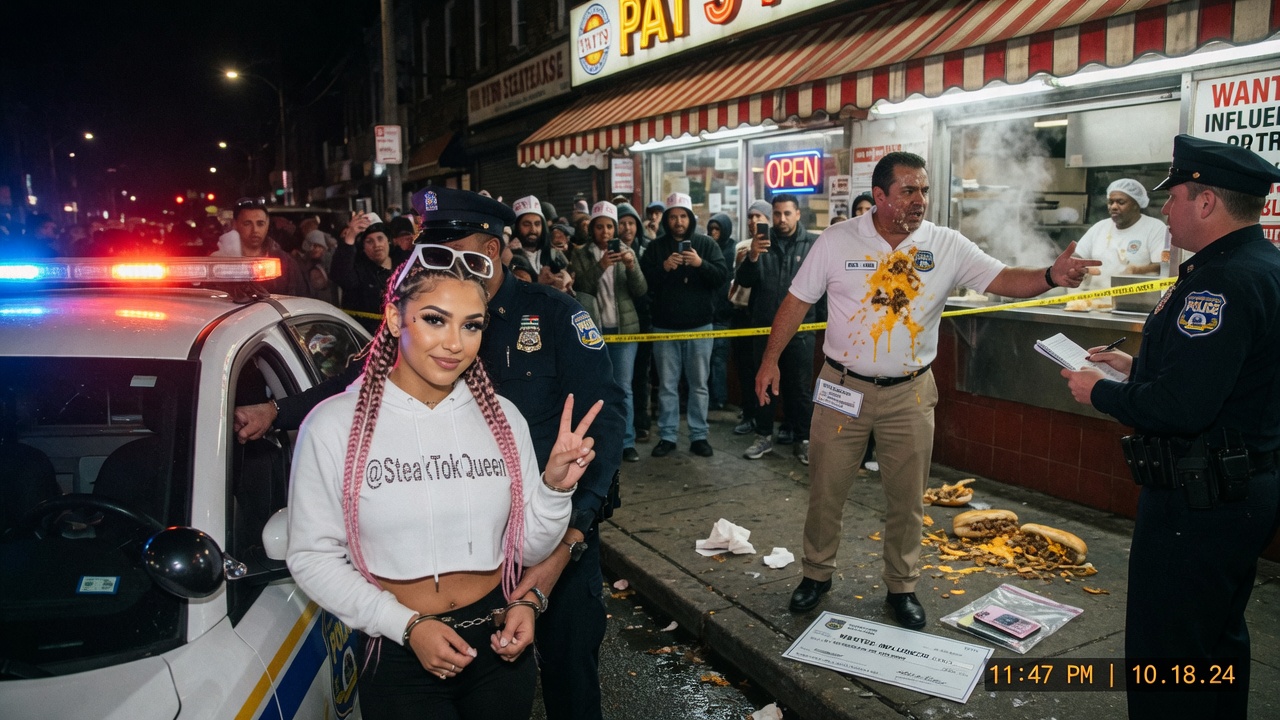 Editorial press photo of a Philadelphia cheesesteak shop counter with a sandwich mid-air near staff, cinematic news photograph style.