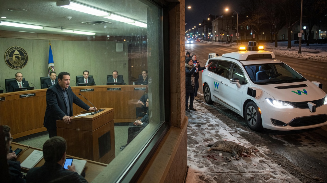 A city council dais and a driverless taxi on a Minneapolis street.