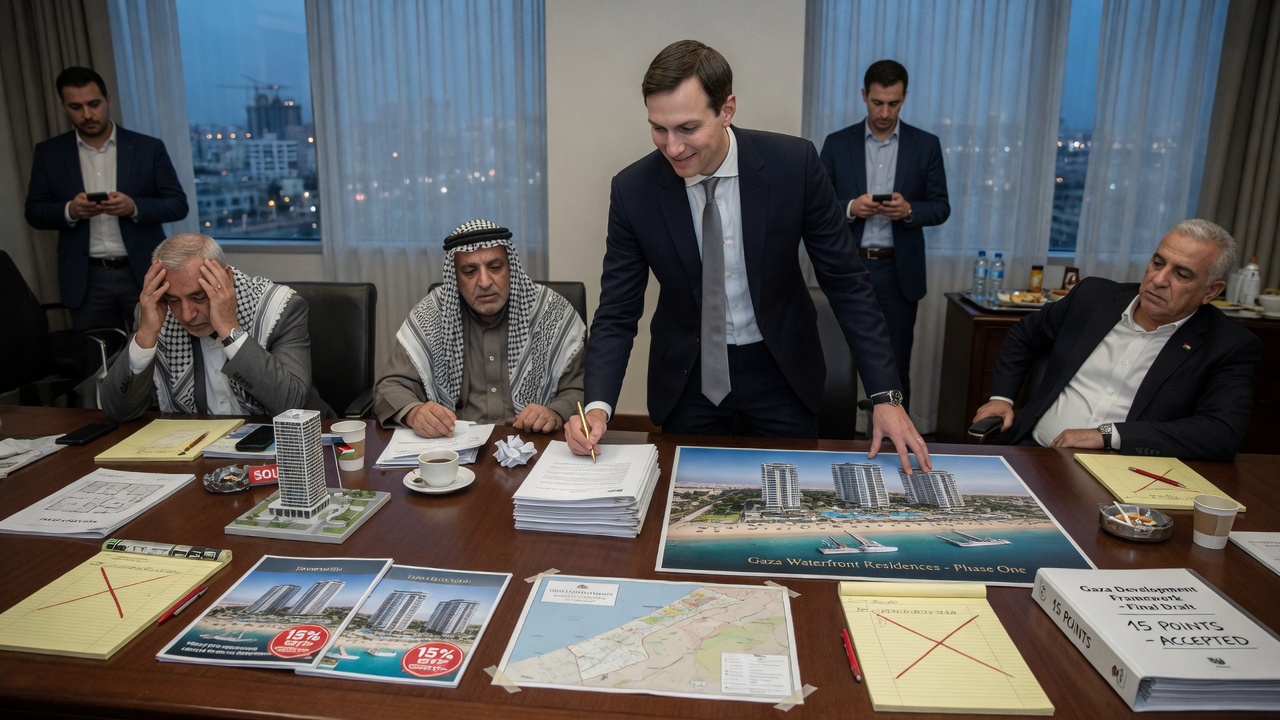 A negotiating table with a stack of blueprints labeled 'Gaza Roadmap' next to a folder marked 'Confidential Closing Costs.'
