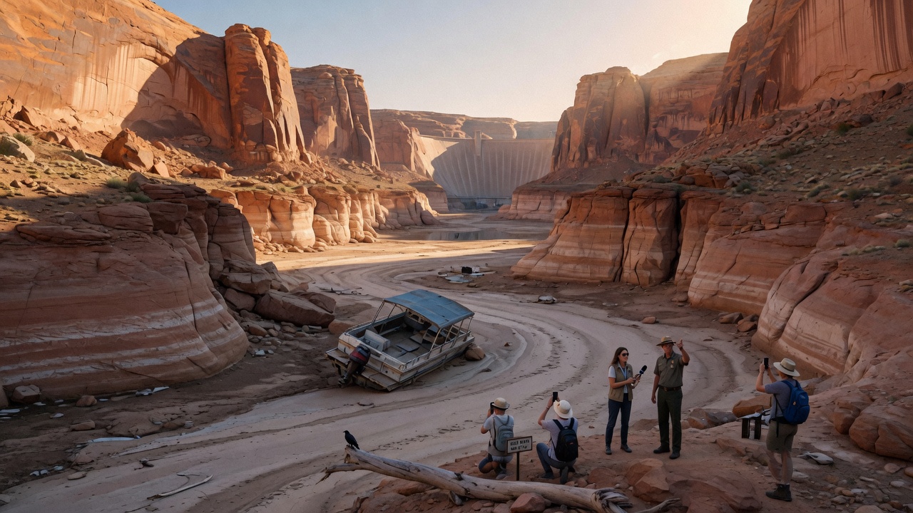 A tour guide leads visitors across the cracked, dusty former lakebed of Lake Powell, holding up a jar labeled 'Genuine Reservoir Dust.'