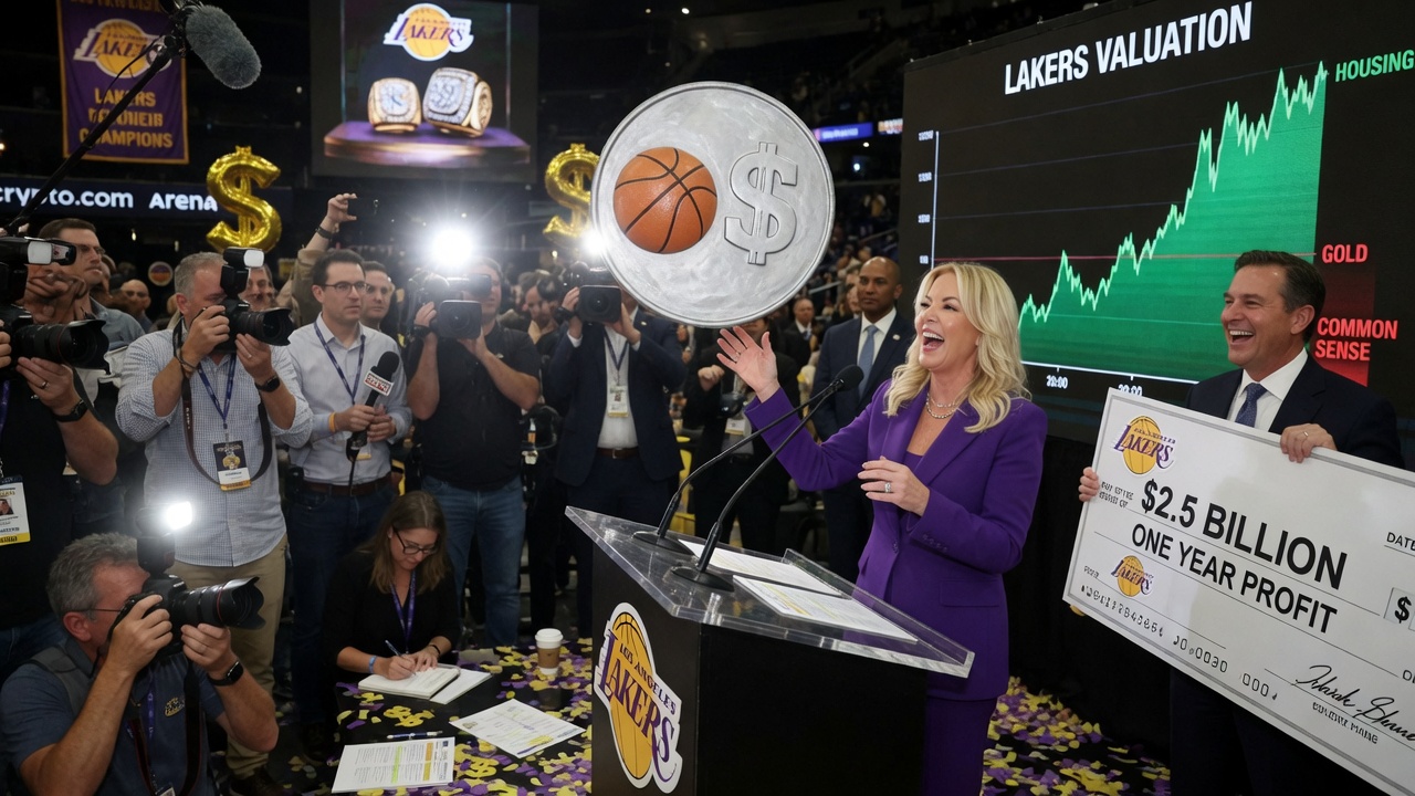 A cartoon Lakers jersey with a rocket-ship price tag soaring past a house, a gold bar, and a calendar.