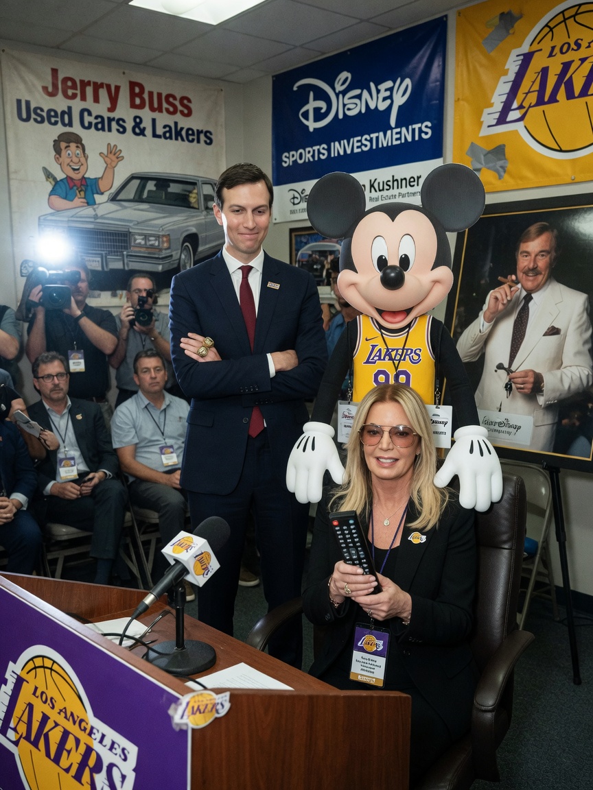 A Lakers championship banner with a tiny Mickey Mouse silhouette stitched into the corner