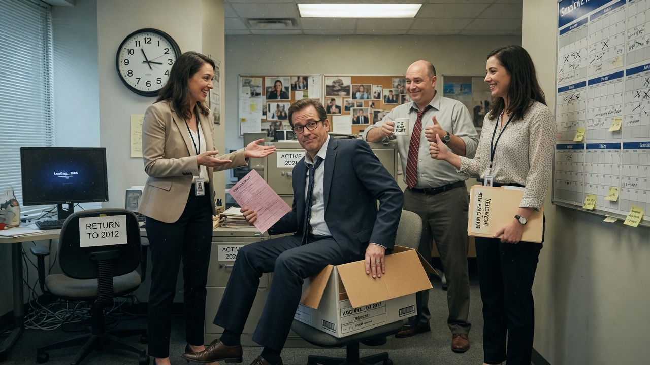 A cluttered government office desk with a coffee mug reading 'World's Okayest Acting AG' and a sticky note nameplate.