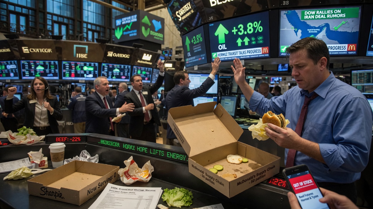A trader rings a bell on the exchange floor while a cafeteria worker shrinks a burger patty in the background.