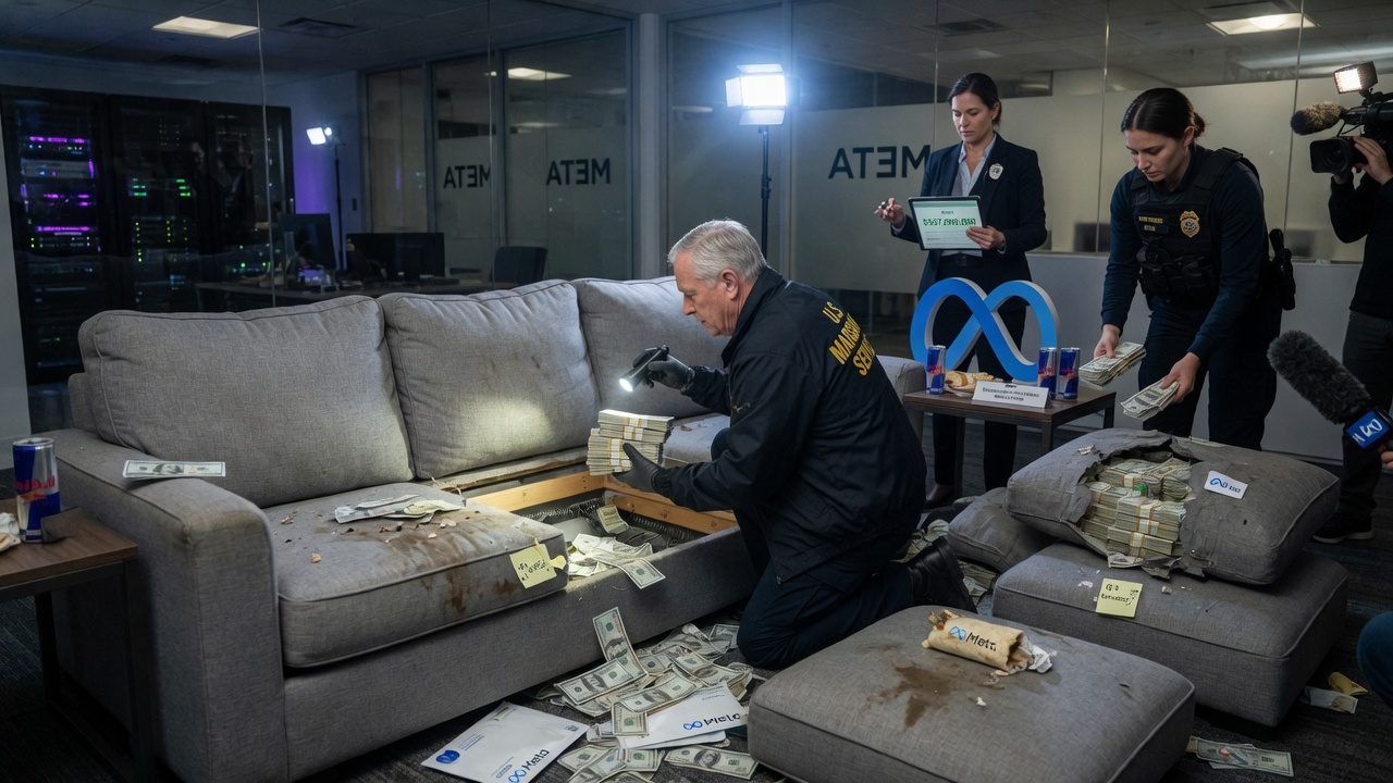 A giant smartphone looms over tiny couch cushions labeled with dollar signs.