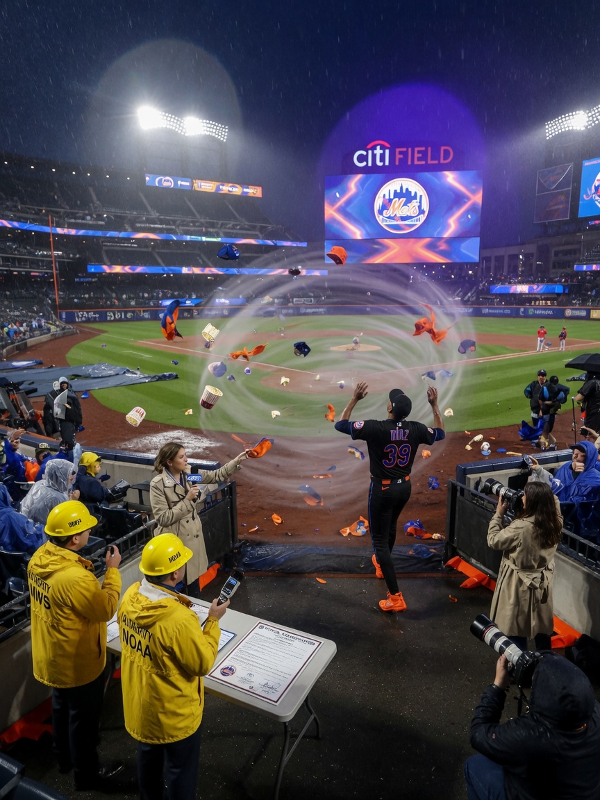 A stadium radar display showing a swirling storm system centered directly over a baseball bullpen.