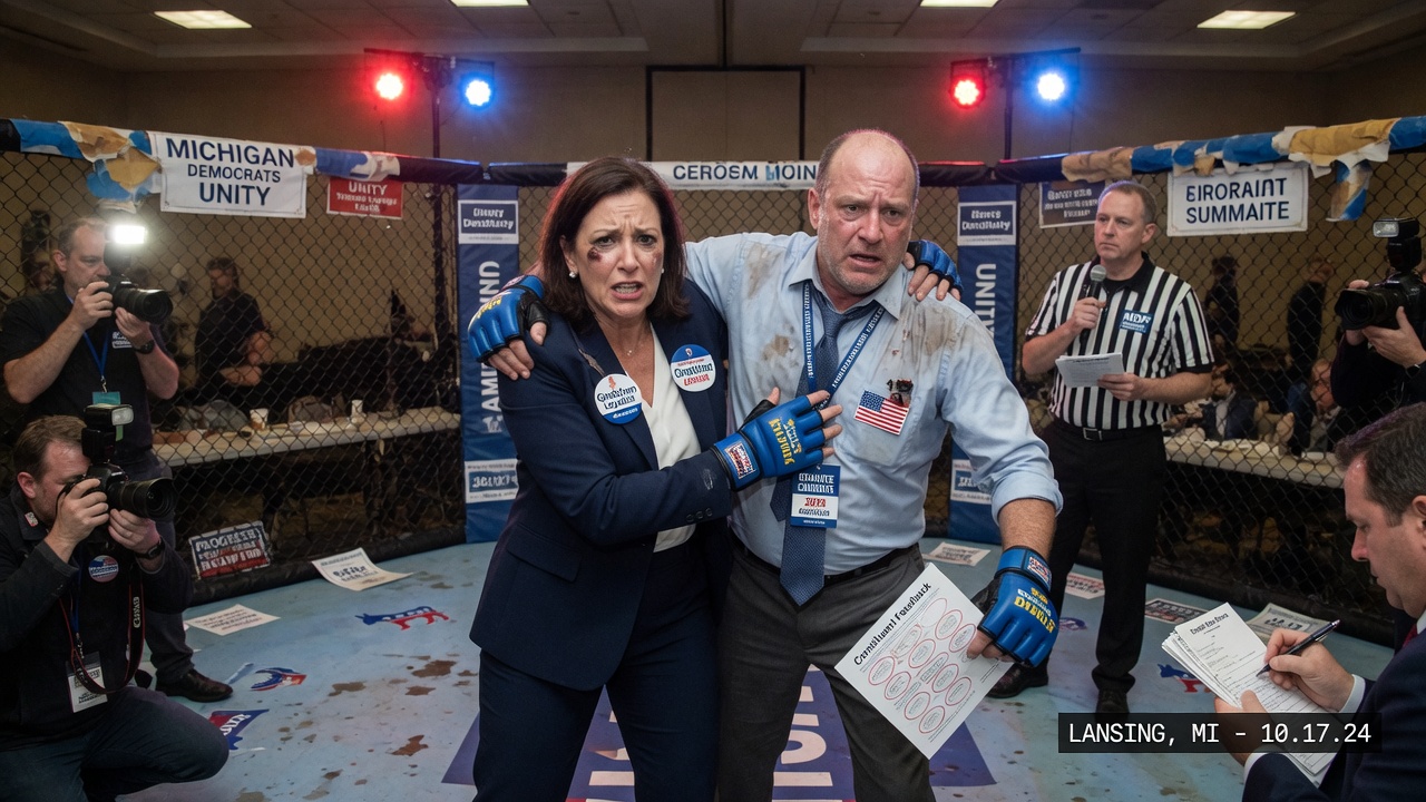 Ron Rugundy gestures at a split-screen graphic labeling two nearly identical Michigan Senate candidates.