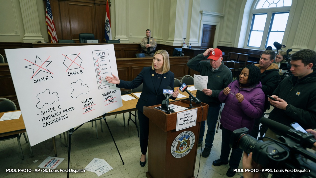 A Missouri congressional district map twisted into odd shapes, with a magnifying glass hovering over one suspiciously convenient bulge.