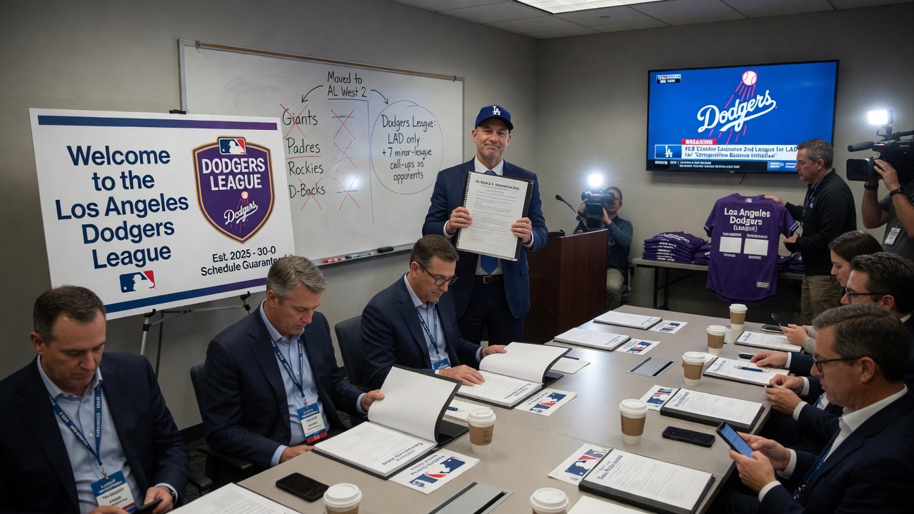 Cartoon Dodgers front office executive stamping a passport labeled 'ACE PITCHER' onto a giant trophy.