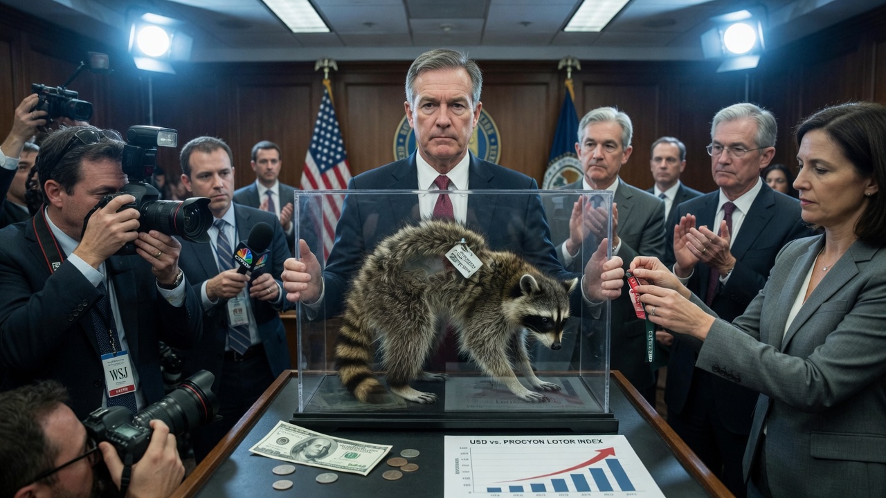 A cartoon raccoon with a gently curved spine wearing a red cap, standing before a giant surging stock chart labeled JIMOTHY.