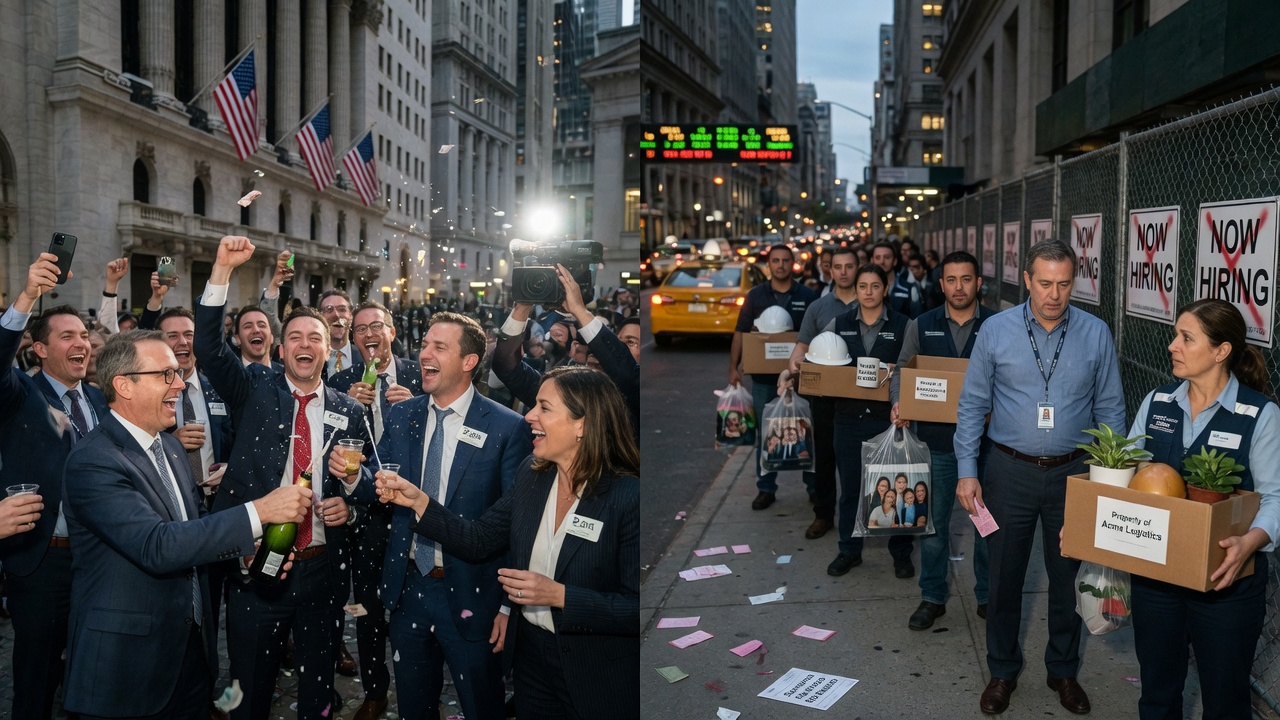 Traders celebrating with confetti under a screen reading JOBS APOCALYPSE: BUY THE DIP