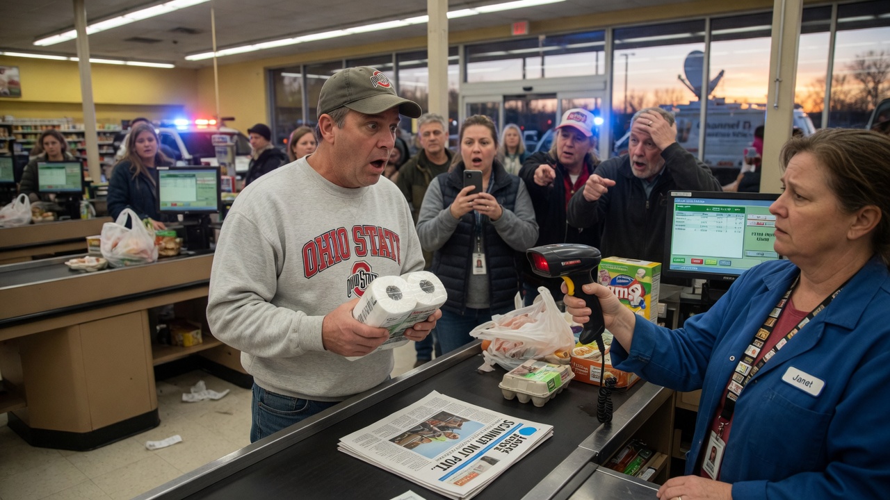 A shopper stares blankly at a grocery receipt under fluorescent supermarket lighting.