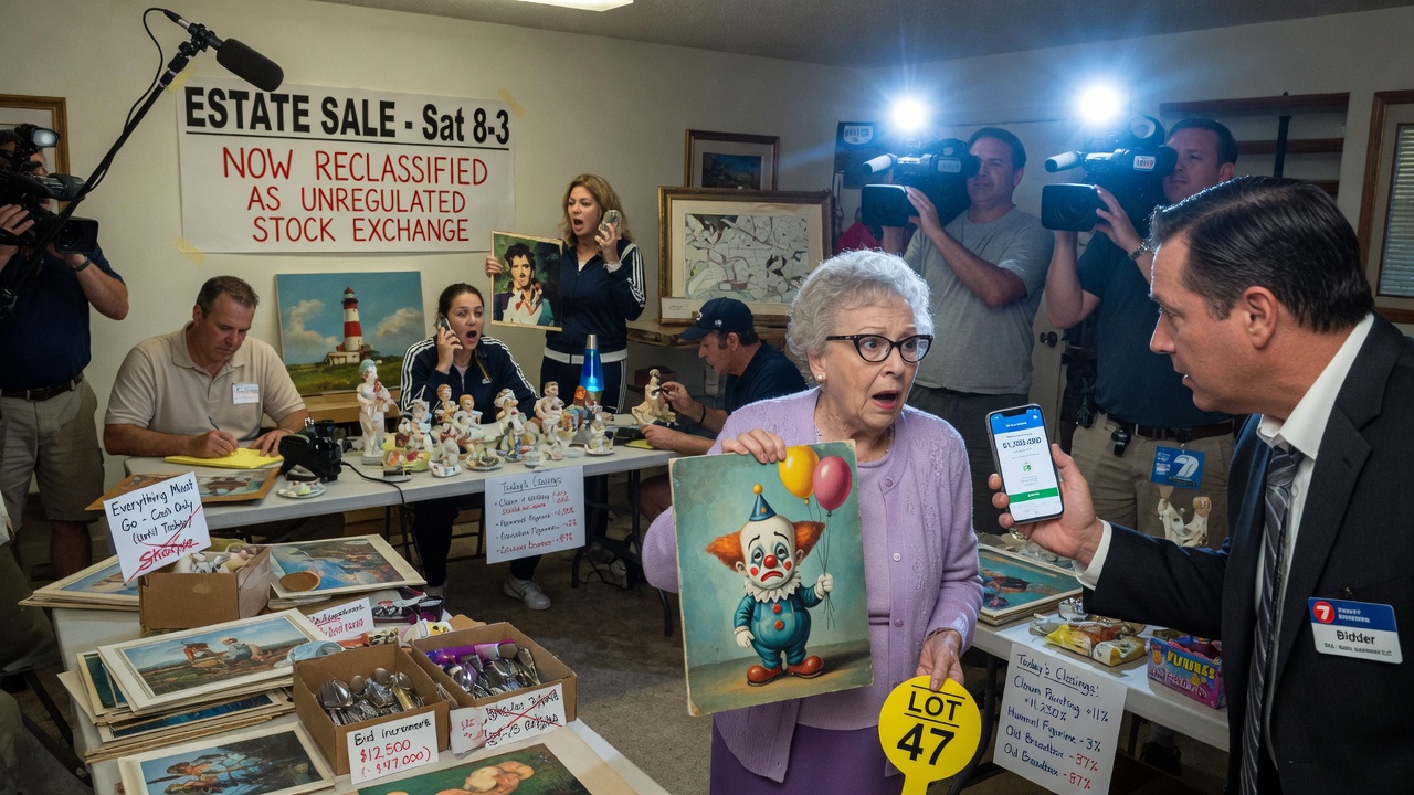 A folding table at an estate sale covered in ceramic knickknacks, each labeled with a handwritten stock ticker symbol.