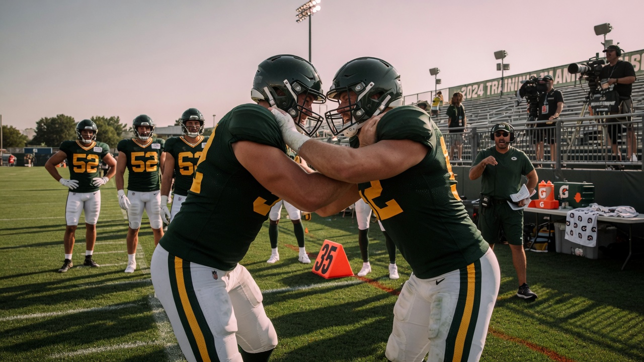 Two football players in the same team jersey grabbing each other's facemasks at practice while a coach stands by, exasperated.