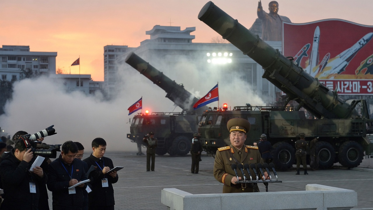 A missile launches over water as monitors calmly check clipboards in the foreground.