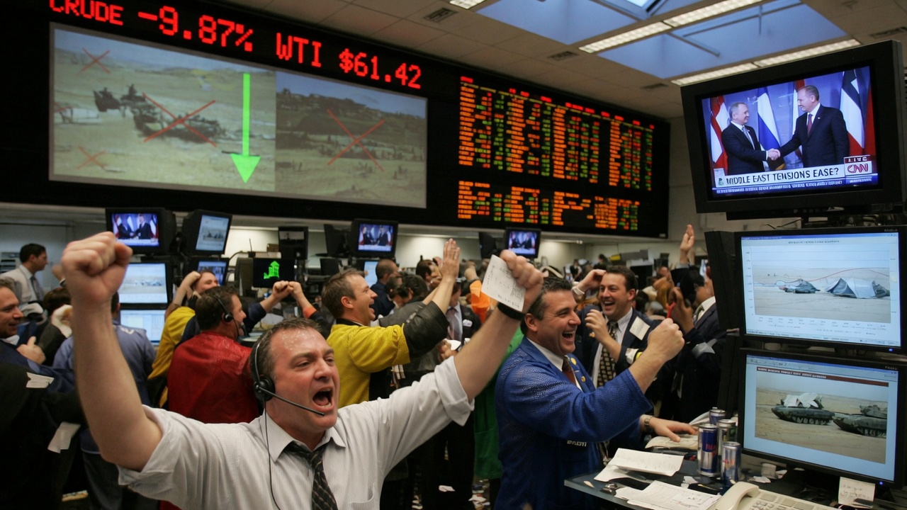 Ron Rugundy gestures dramatically at a stock ticker showing a plunging oil price graph next to a question-mark-shaped Middle East map.