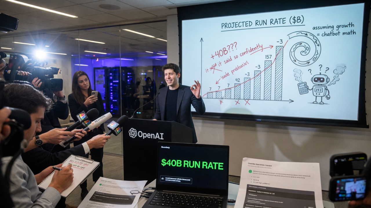 A stock ticker board displaying a rapidly rising number next to a chatbot speech bubble reading 'approximately.'