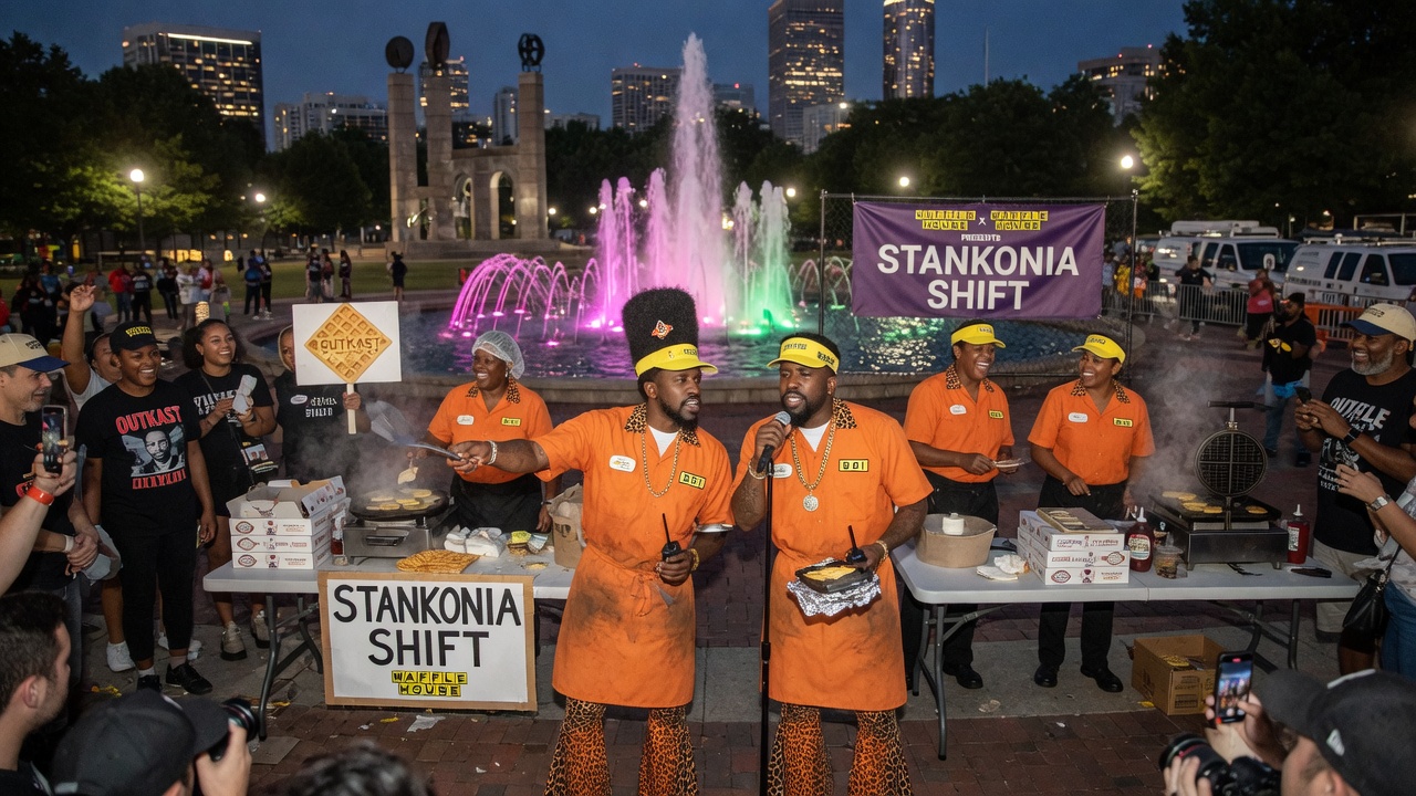 Editorial press photo of a Waffle House pop-up and OutKast merch crowd at Atlanta Centennial Olympic Park, cinematic news photograph style.