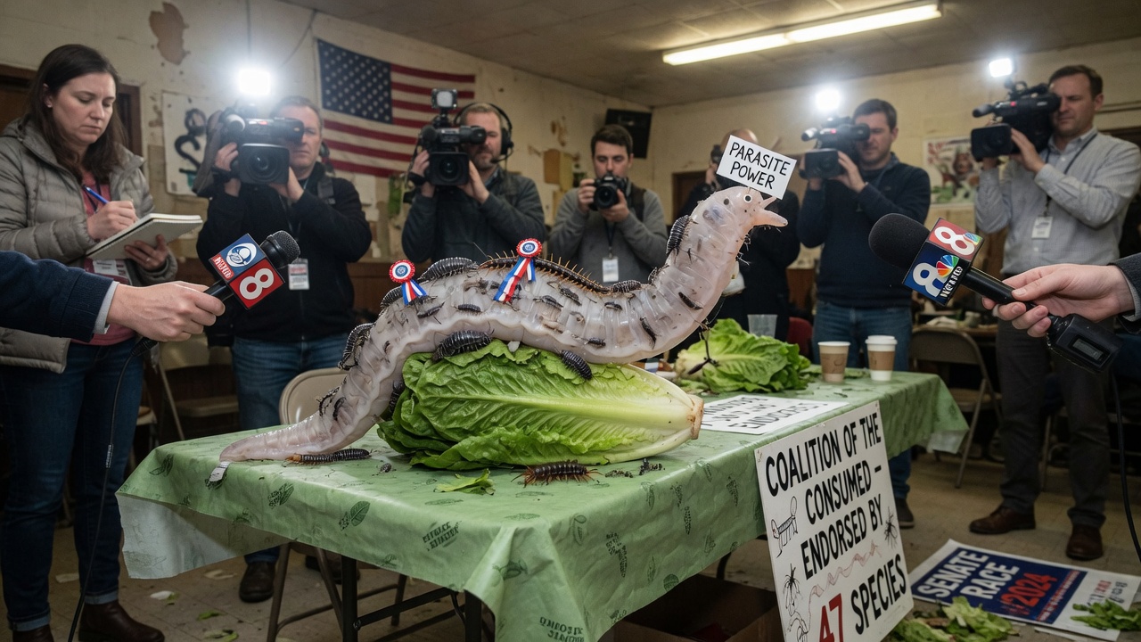 A cartoon head of iceberg lettuce wearing a campaign button that reads 'ELECT ME,' standing at a podium shaped like a taco shell.