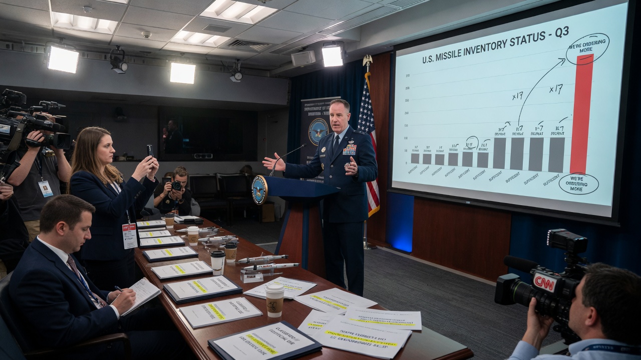 A Pentagon spokesperson gestures at an empty warehouse labeled 'Missiles: Coming Soon.'