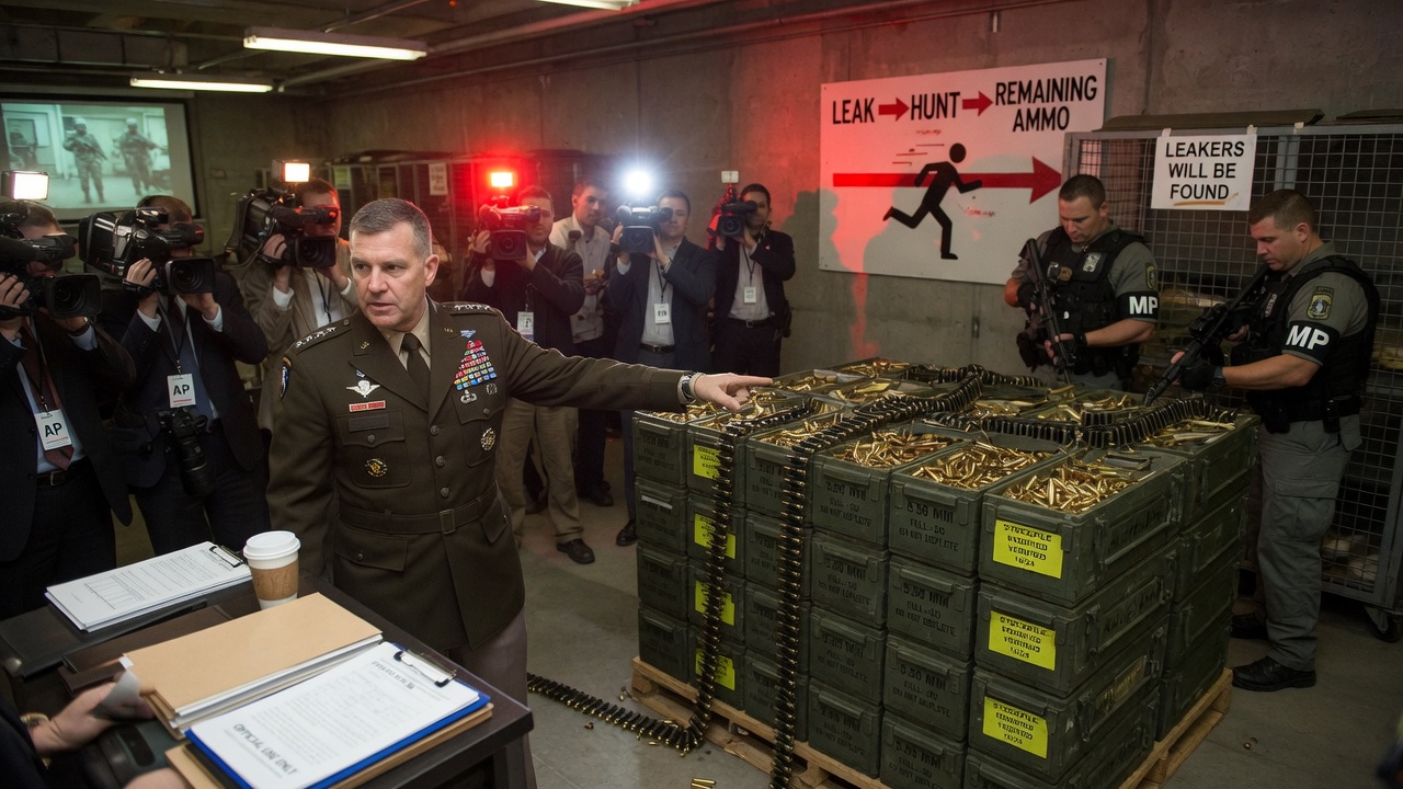 A Pentagon spokesperson gestures at an empty podium beside a hastily erased whiteboard.