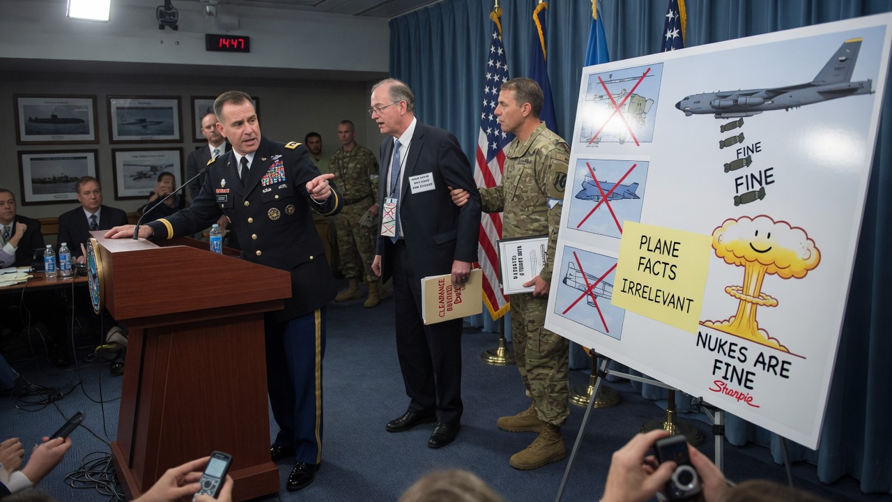 A stern military spokesman gestures at a blueprint of an airplane cabin covered in redaction bars.
